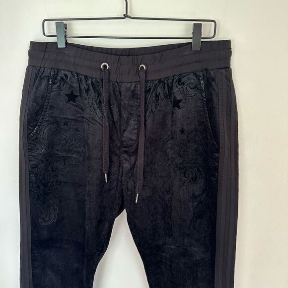 Black Velvet Star Embossed Elastic Waist Drawstring Straight Leg Tuxedo Stripe P - Picture 3 of 16